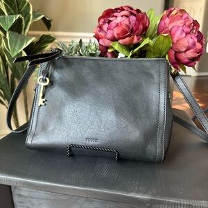 Fossil Emma East West Black Leather Crossbody Bag